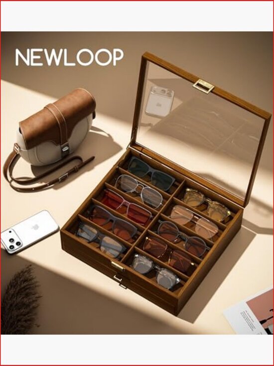 20-Slot Wooden Eyeglass Organizer Storage Case with Glass Lid